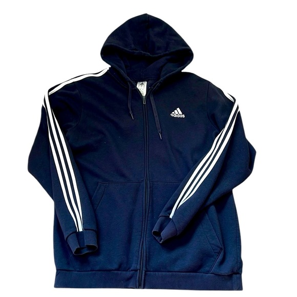 Adidas Full Zip Hoodie Sweatshirt Track Jacket Navy Blue 3 Stripes #GK9053 2XLT - Picture 1 of 7
